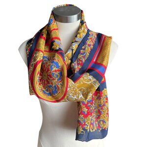 Vintage Georgiou 55 x‎ 16 In Silk Scarf Japan Navy Red & Gold Medallion Nautical